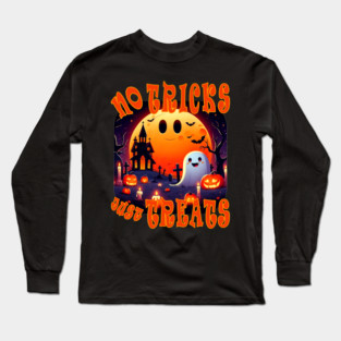 Funny Halloween - Perfect for kids woman women child children - Haunted graveyard with a cute happy and smiling Ghost and Jack-O-Lanterns pumpkins, tombstones, candles, trees and giant orange moon. No Tricks Just Treats pun Long Sleeve T-Shirt