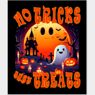 Funny Halloween - Perfect for kids woman women child children - Haunted graveyard with a cute happy and smiling Ghost and Jack-O-Lanterns pumpkins, tombstones, candles, trees and giant orange moon. No Tricks Just Treats pun Posters and Art