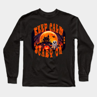 Funny Halloween - Perfect for kids woman women child children - Haunted graveyard with a cute happy and smiling Ghost and Jack-O-Lanterns pumpkins, tombstones, candles, trees and giant orange moon. Keep Calm and Scary On pun Long Sleeve T-Shirt