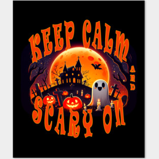 Funny Halloween - Perfect for kids woman women child children - Haunted graveyard with a cute happy and smiling Ghost and Jack-O-Lanterns pumpkins, tombstones, candles, trees and giant orange moon. Keep Calm and Scary On pun Posters and Art