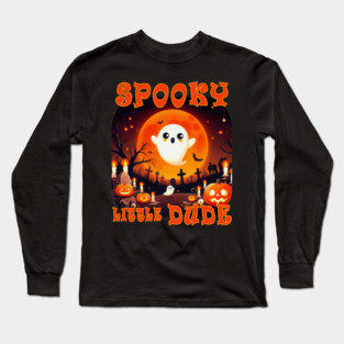 Funny Halloween - Perfect for kids woman women child children - Haunted graveyard with a cute happy and smiling Ghost and Jack-O-Lanterns pumpkins, tombstones, candles, trees and giant orange moon. Spooky Little Dude pun Long Sleeve T-Shirt