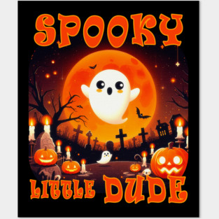 Funny Halloween - Perfect for kids woman women child children - Haunted graveyard with a cute happy and smiling Ghost and Jack-O-Lanterns pumpkins, tombstones, candles, trees and giant orange moon. Spooky Little Dude pun Posters and Art