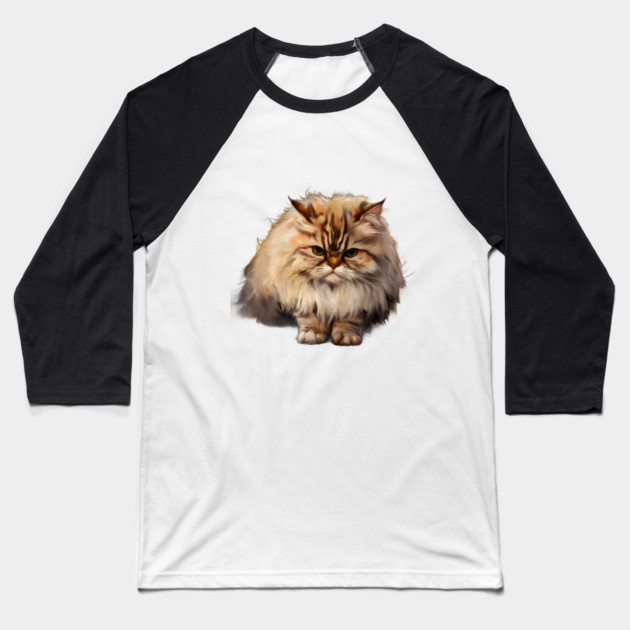 The Cat has Long, Fluffy Fur with a Mix of Cream, Brown, and white Shades. The Fur is Especially Dense Around the Neck, Giving it a Mane-like Appearance Baseball T-Shirt by animegirlnft