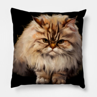 The Cat has Long, Fluffy Fur with a Mix of Cream, Brown, and white Shades. The Fur is Especially Dense Around the Neck, Giving it a Mane-like Appearance Pillow