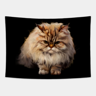 The Cat has Long, Fluffy Fur with a Mix of Cream, Brown, and white Shades. The Fur is Especially Dense Around the Neck, Giving it a Mane-like Appearance Tapestry