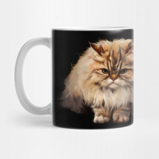 The Cat has Long, Fluffy Fur with a Mix of Cream, Brown, and white Shades. The Fur is Especially Dense Around the Neck, Giving it a Mane-like Appearance Mug