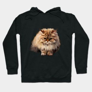 The Cat has Long, Fluffy Fur with a Mix of Cream, Brown, and white Shades. The Fur is Especially Dense Around the Neck, Giving it a Mane-like Appearance Hoodie