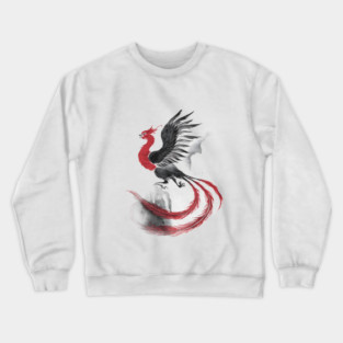 Phoenix in Mid-Flight, with Long Flowing Tail Feathers and Wings Spread Wide, Rendered in Shades of Black, Gray, and Red Crewneck Sweatshirt