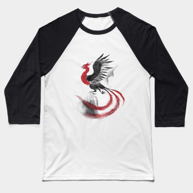 Phoenix in Mid-Flight, with Long Flowing Tail Feathers and Wings Spread Wide, Rendered in Shades of Black, Gray, and Red Baseball T-Shirt by animegirlnft