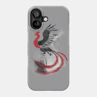 Phoenix in Mid-Flight, with Long Flowing Tail Feathers and Wings Spread Wide, Rendered in Shades of Black, Gray, and Red Phone Case