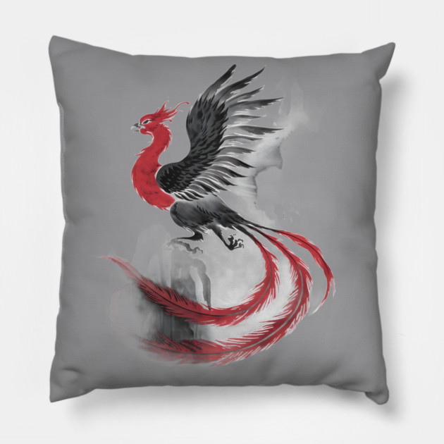 Phoenix in Mid-Flight, with Long Flowing Tail Feathers and Wings Spread Wide, Rendered in Shades of Black, Gray, and Red Pillow by animegirlnft