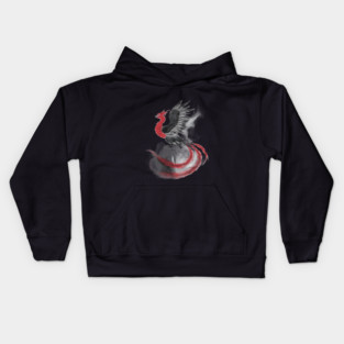 Phoenix in Mid-Flight, with Long Flowing Tail Feathers and Wings Spread Wide, Rendered in Shades of Black, Gray, and Red Kids Hoodie