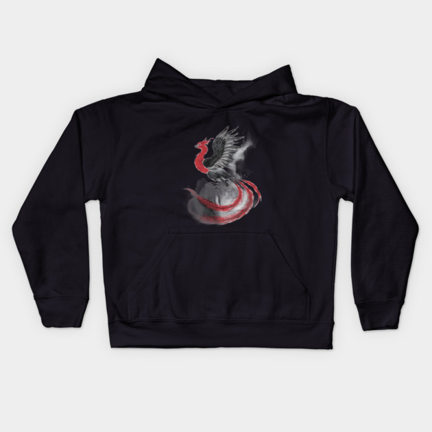 Phoenix in Mid-Flight, with Long Flowing Tail Feathers and Wings Spread Wide, Rendered in Shades of Black, Gray, and Red Kids Hoodie by animegirlnft