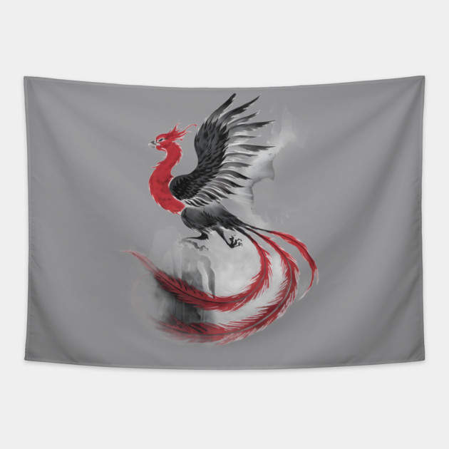 Phoenix in Mid-Flight, with Long Flowing Tail Feathers and Wings Spread Wide, Rendered in Shades of Black, Gray, and Red Tapestry by animegirlnft