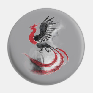 Phoenix in Mid-Flight, with Long Flowing Tail Feathers and Wings Spread Wide, Rendered in Shades of Black, Gray, and Red Pin