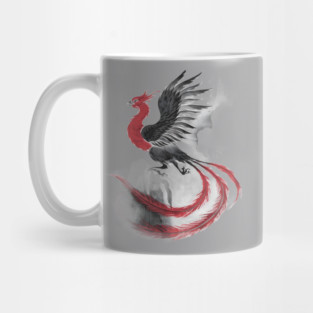 Phoenix in Mid-Flight, with Long Flowing Tail Feathers and Wings Spread Wide, Rendered in Shades of Black, Gray, and Red Mug