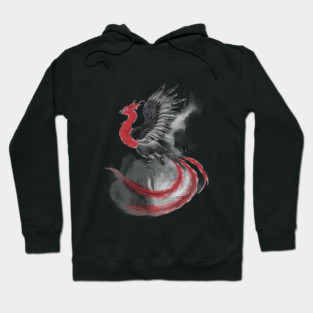 Phoenix in Mid-Flight, with Long Flowing Tail Feathers and Wings Spread Wide, Rendered in Shades of Black, Gray, and Red Hoodie