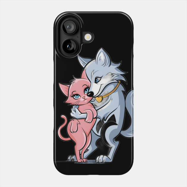 Smaller Pink Cat, with the Wolf’s Arm around the Cat’s Shoulder, Both Displaying Human-Like Expressions of Gentle Smiling and Contentment Phone Case by animegirlnft