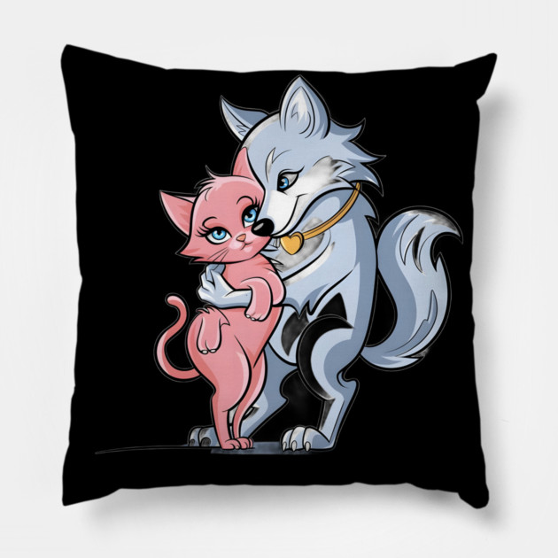 Smaller Pink Cat, with the Wolf’s Arm around the Cat’s Shoulder, Both Displaying Human-Like Expressions of Gentle Smiling and Contentment Pillow by animegirlnft