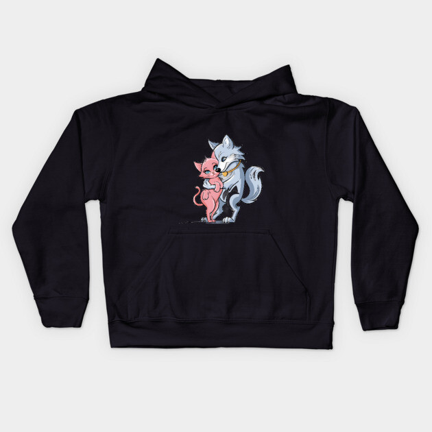 Smaller Pink Cat, with the Wolf’s Arm around the Cat’s Shoulder, Both Displaying Human-Like Expressions of Gentle Smiling and Contentment Kids Hoodie by animegirlnft