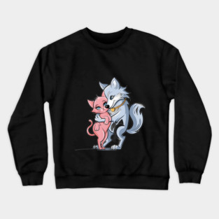 Smaller Pink Cat, with the Wolf’s Arm around the Cat’s Shoulder, Both Displaying Human-Like Expressions of Gentle Smiling and Contentment Crewneck Sweatshirt