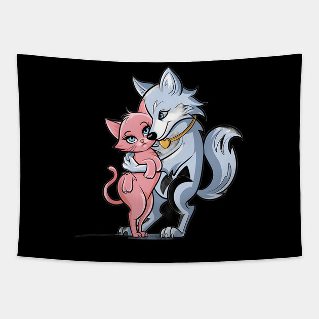 Smaller Pink Cat, with the Wolf’s Arm around the Cat’s Shoulder, Both Displaying Human-Like Expressions of Gentle Smiling and Contentment Tapestry by animegirlnft