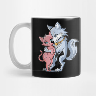Smaller Pink Cat, with the Wolf’s Arm around the Cat’s Shoulder, Both Displaying Human-Like Expressions of Gentle Smiling and Contentment Mug
