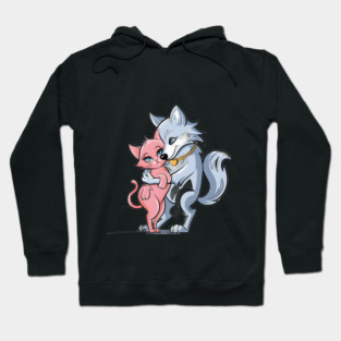 Smaller Pink Cat, with the Wolf’s Arm around the Cat’s Shoulder, Both Displaying Human-Like Expressions of Gentle Smiling and Contentment Hoodie