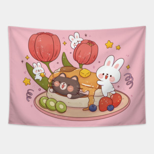 Bunny Cat Yummy Pancake Tapestry