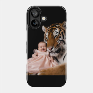 Tiger, with its Eyes Closed and a Content Expression, is Nestled Close to the Baby, Almost as if they are Cuddling Phone Case