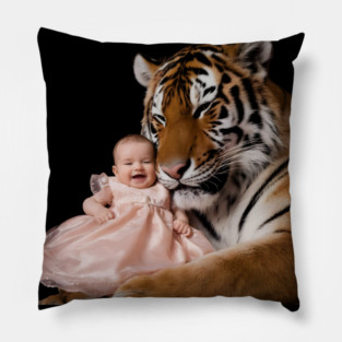 Tiger, with its Eyes Closed and a Content Expression, is Nestled Close to the Baby, Almost as if they are Cuddling Pillow