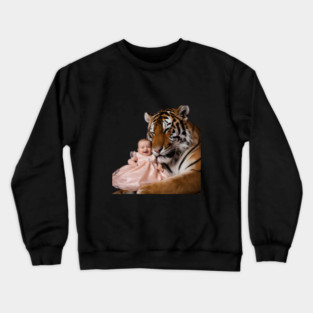 Tiger, with its Eyes Closed and a Content Expression, is Nestled Close to the Baby, Almost as if they are Cuddling Crewneck Sweatshirt