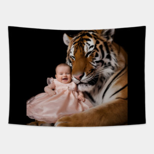 Tiger, with its Eyes Closed and a Content Expression, is Nestled Close to the Baby, Almost as if they are Cuddling Tapestry
