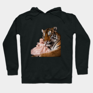 Tiger, with its Eyes Closed and a Content Expression, is Nestled Close to the Baby, Almost as if they are Cuddling Hoodie