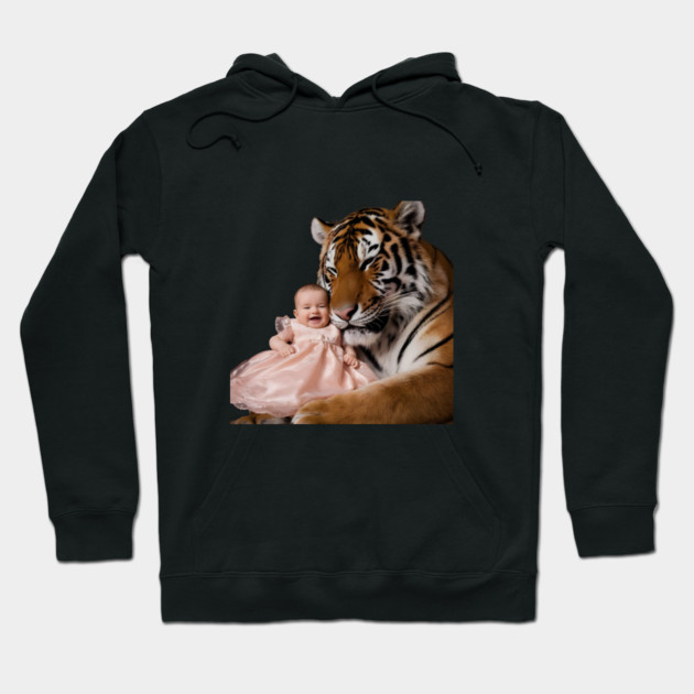 Tiger, with its Eyes Closed and a Content Expression, is Nestled Close to the Baby, Almost as if they are Cuddling Hoodie by animegirlnft