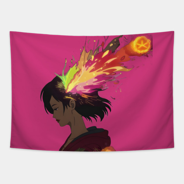 The Art Woman Silhouette with an Explosion of Vibrant Colors Emanating From the Head Area Tapestry by animegirlnft