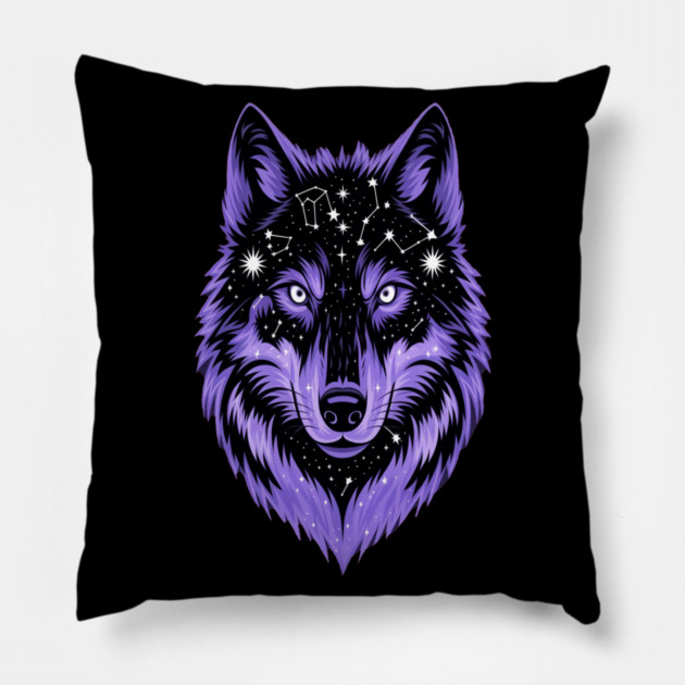 Cosmic Purple Wolf Face Pillow by BirdsnStuff