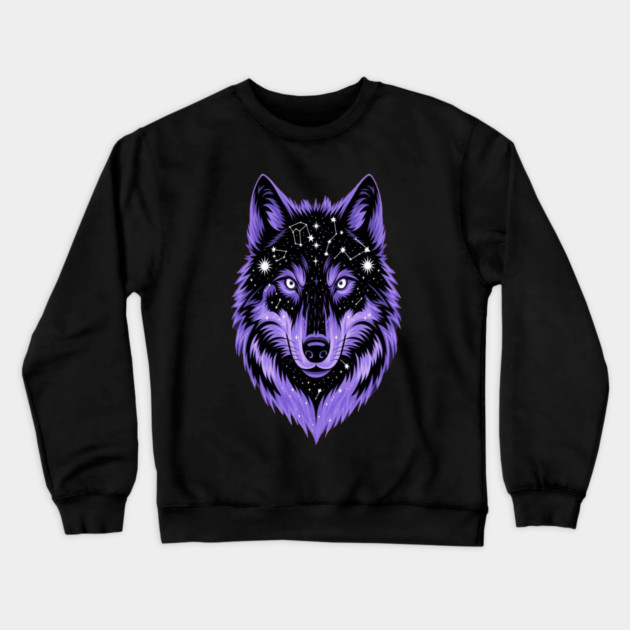 Cosmic Purple Wolf Face Crewneck Sweatshirt by BirdsnStuff