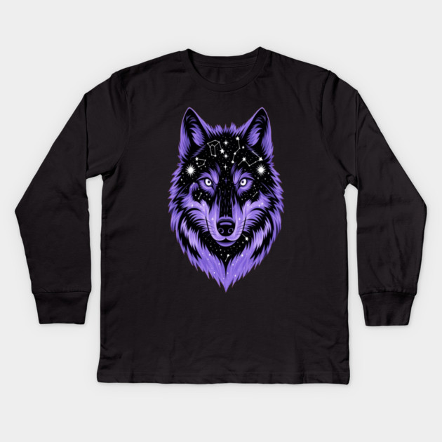 Cosmic Purple Wolf Face Kids Long Sleeve T-Shirt by BirdsnStuff