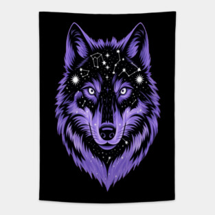 Cosmic Purple Wolf Face Tapestry