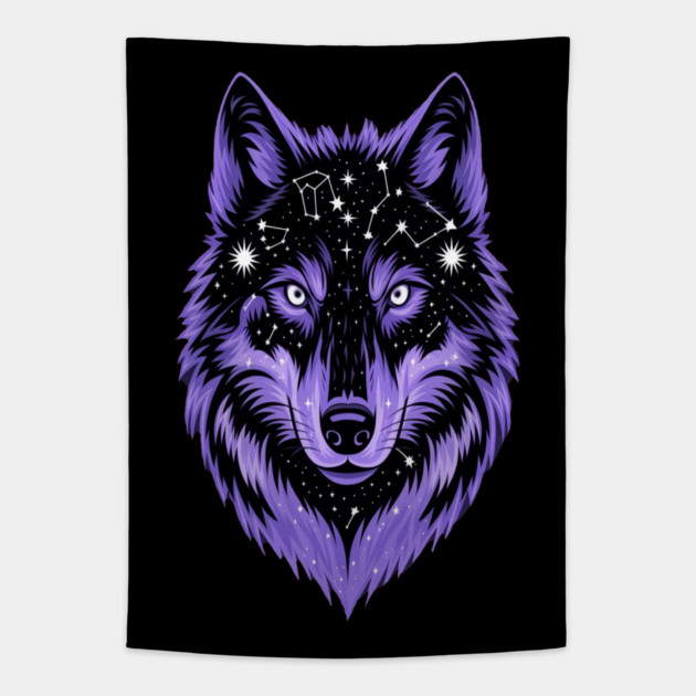 Cosmic Purple Wolf Face Tapestry by BirdsnStuff