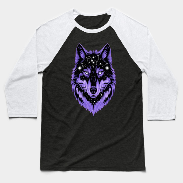 Cosmic Purple Wolf Face Baseball T-Shirt by BirdsnStuff