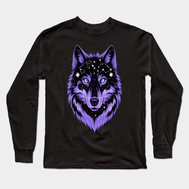 Cosmic Purple Wolf Face Long Sleeve T-Shirt by BirdsnStuff