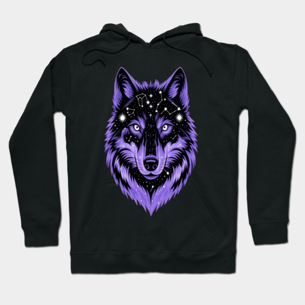 Cosmic Purple Wolf Face Hoodie by BirdsnStuff