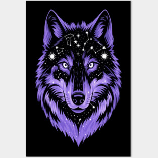 Cosmic Purple Wolf Face Posters and Art