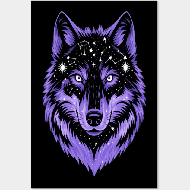 Cosmic Purple Wolf Face Wall Art by BirdsnStuff