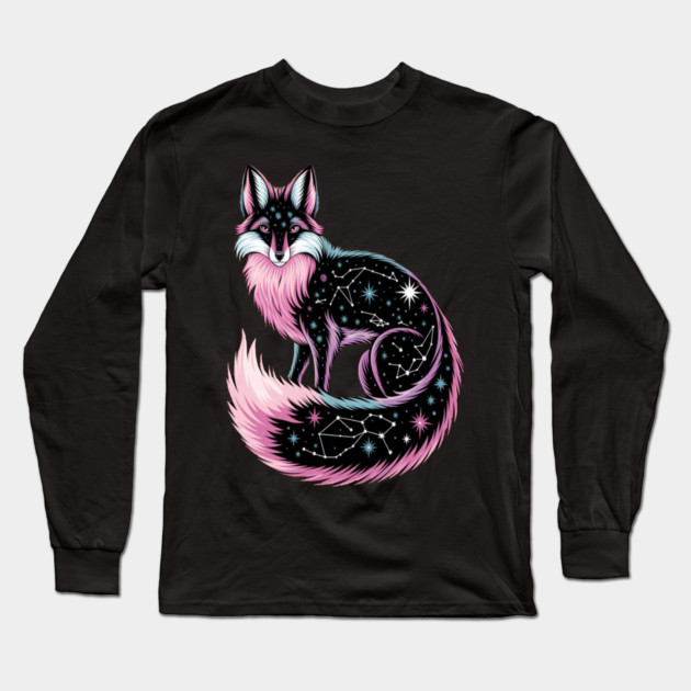 Cosmic Pink Fox illustration Long Sleeve T-Shirt by BirdsnStuff
