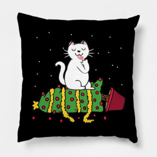 white cat knocked the christmas tree Pillow