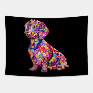 Colorful Artistic Representation of Dog Various Flowers Tapestry