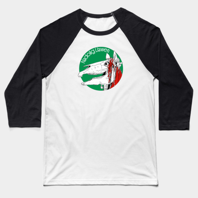 Mari Lwyd Welsh Christmas Baseball T-Shirt by H. R. Sinclair